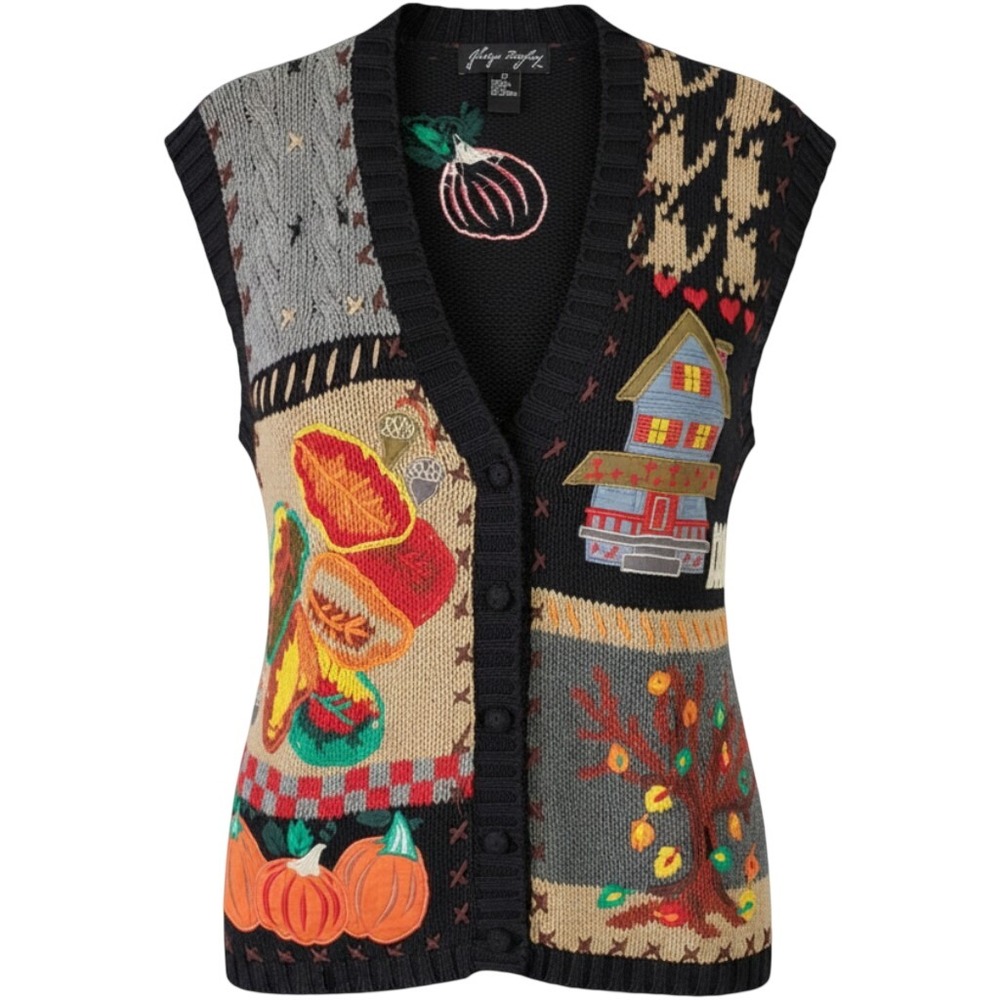 Gladys Bagley Vtg Autumn Patchwork Knit Sweater Vest Large Pumpkin House Leaf
